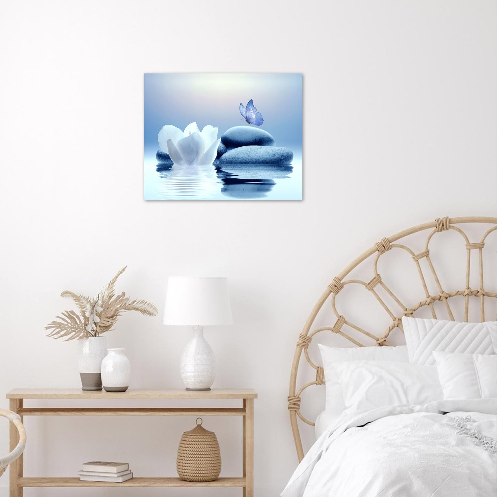 Eobtain Zen Stone Canvas Wall Art White Flower And Blue Butterfly On Lake Wall Art For Bathroom Living Room Bedroom Modern Spiri