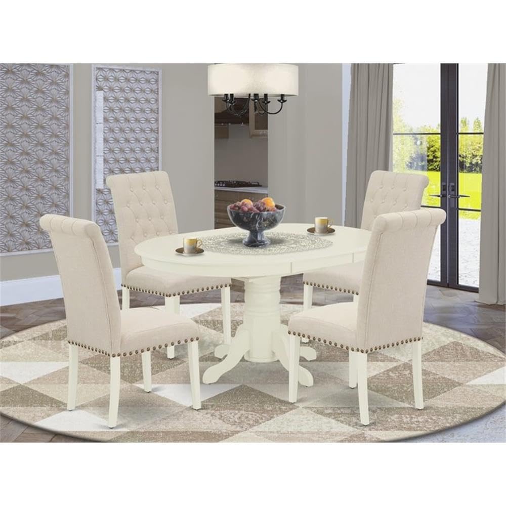East West Furniture Avbr5-Lwh-02 5 Piece Dining Table Set For 4 Includes An Oval Kitchen Table With Butterfly Leaf And 4 Light Beige Linen Fabric Parsons Chairs, 42X60 Inch, Linen White