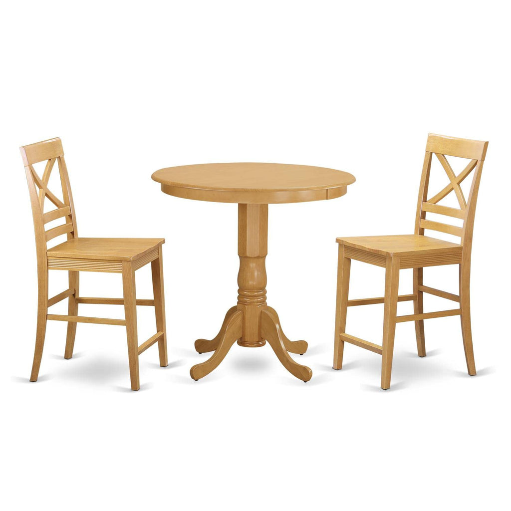 East West Furniture JAQU3-OAK-W 3 Piece Counter Height Dining Set for Small Spaces Contains a Round Wooden Table with Pedestal and 2 Kitchen Chairs, 36x36 Inch, Oak