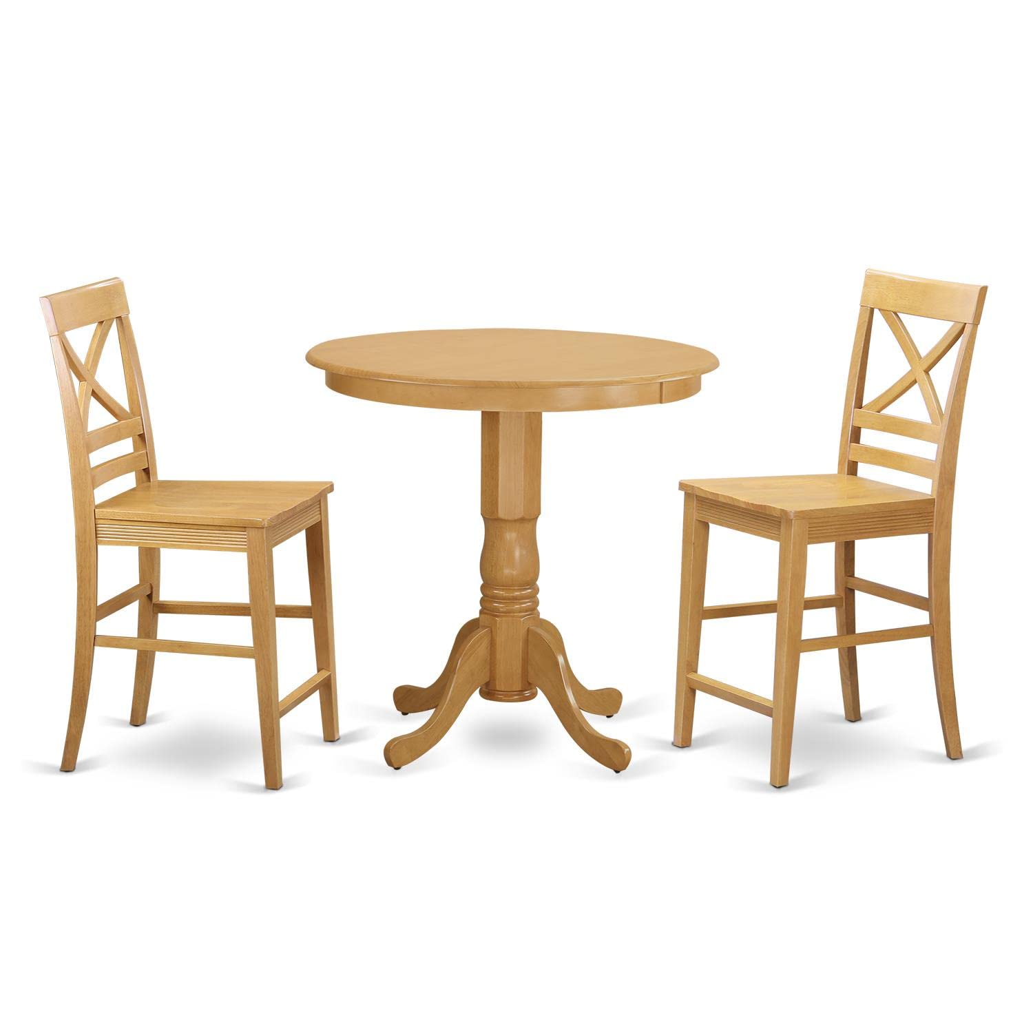 East West Furniture JAQU3-OAK-W 3 Piece Counter Height Dining Set for Small Spaces Contains a Round Wooden Table with Pedestal and 2 Kitchen Chairs, 36x36 Inch, Oak