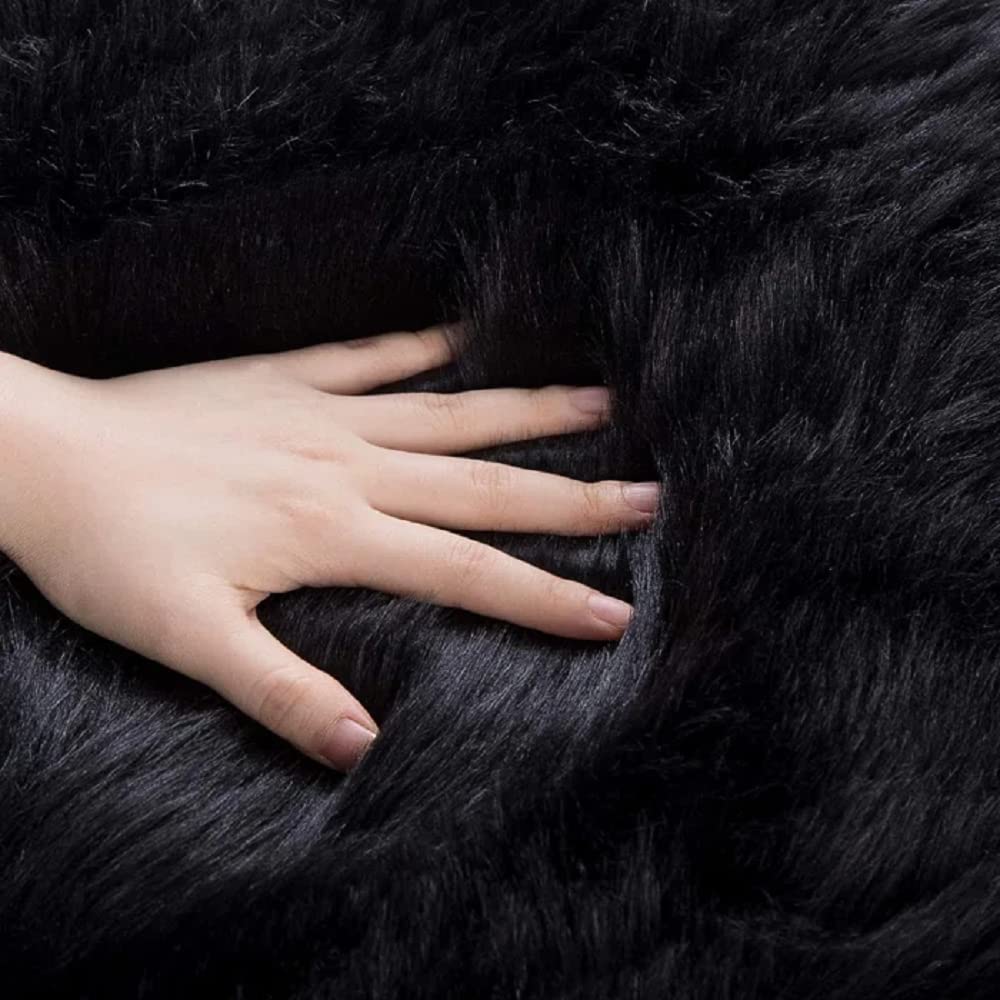 Orinova Black Fuzzy Faux Sheepskin Shaggy Fur Rugs For Bedroom Machine Washable Furry Rug 4X6 Area Rugs For Nursery Decor