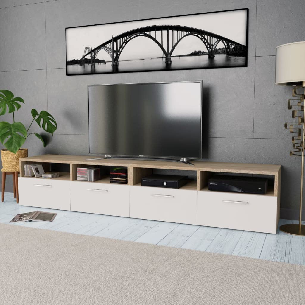 vidaXL 37.4&quot; Engineered Wood TV Stands with PVC Edges - Oak and White - Modern Design with Ample Storage - Set of 2