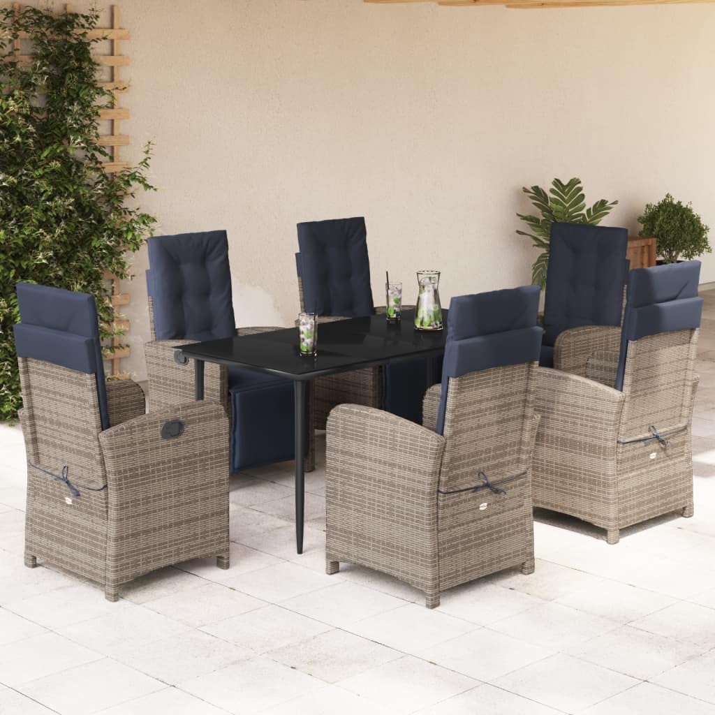 vidaXL 7-Piece Outdoor Patio Dining Set - Gray Poly Rattan Chairs with Adjustable Backrest, Navy Cushions, and Tempered Glass Table