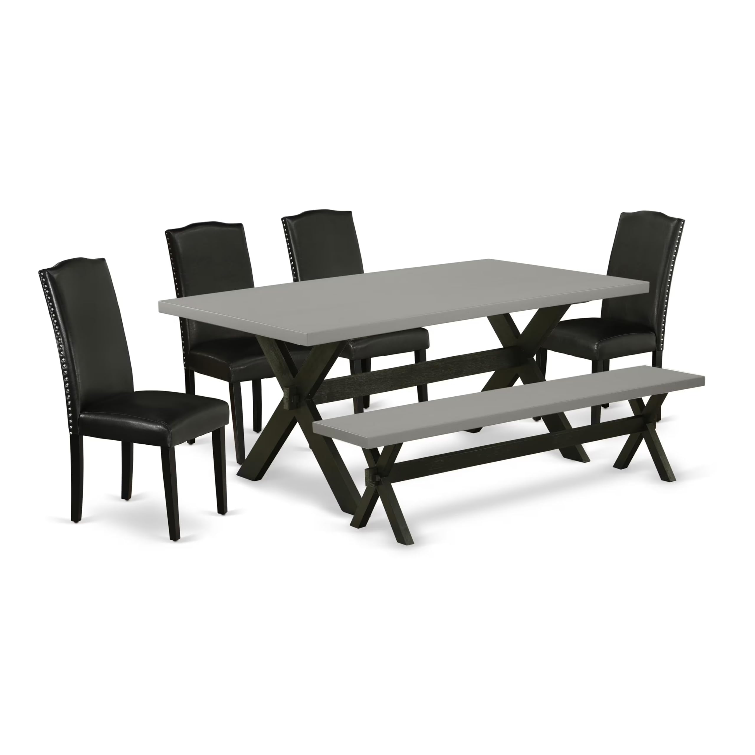 East West Furniture X697En169-6 6 Piece Dining Table Set Contains A Rectangle Dining Room Table With X-Legs And 4 Black Faux Leather Parson Chairs With A Bench, 40X72 Inch, Multi-Color