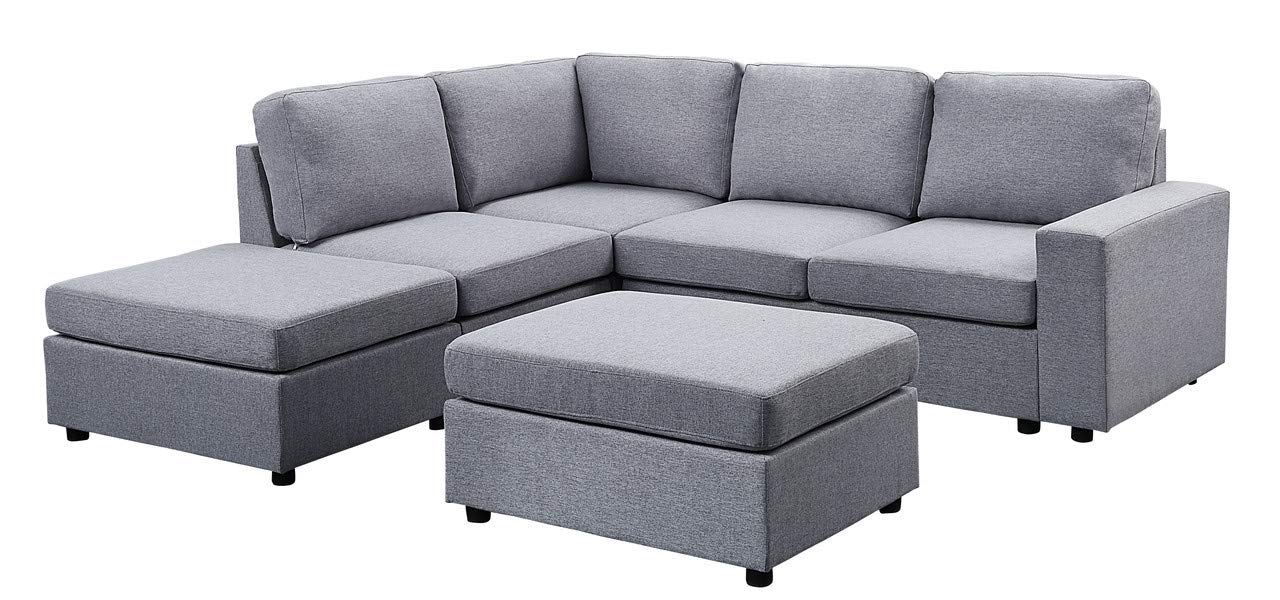 Lilola Home Skye Light Gray Linen 6 Seat Reversible Modular Sectional Sofa with Ottoman