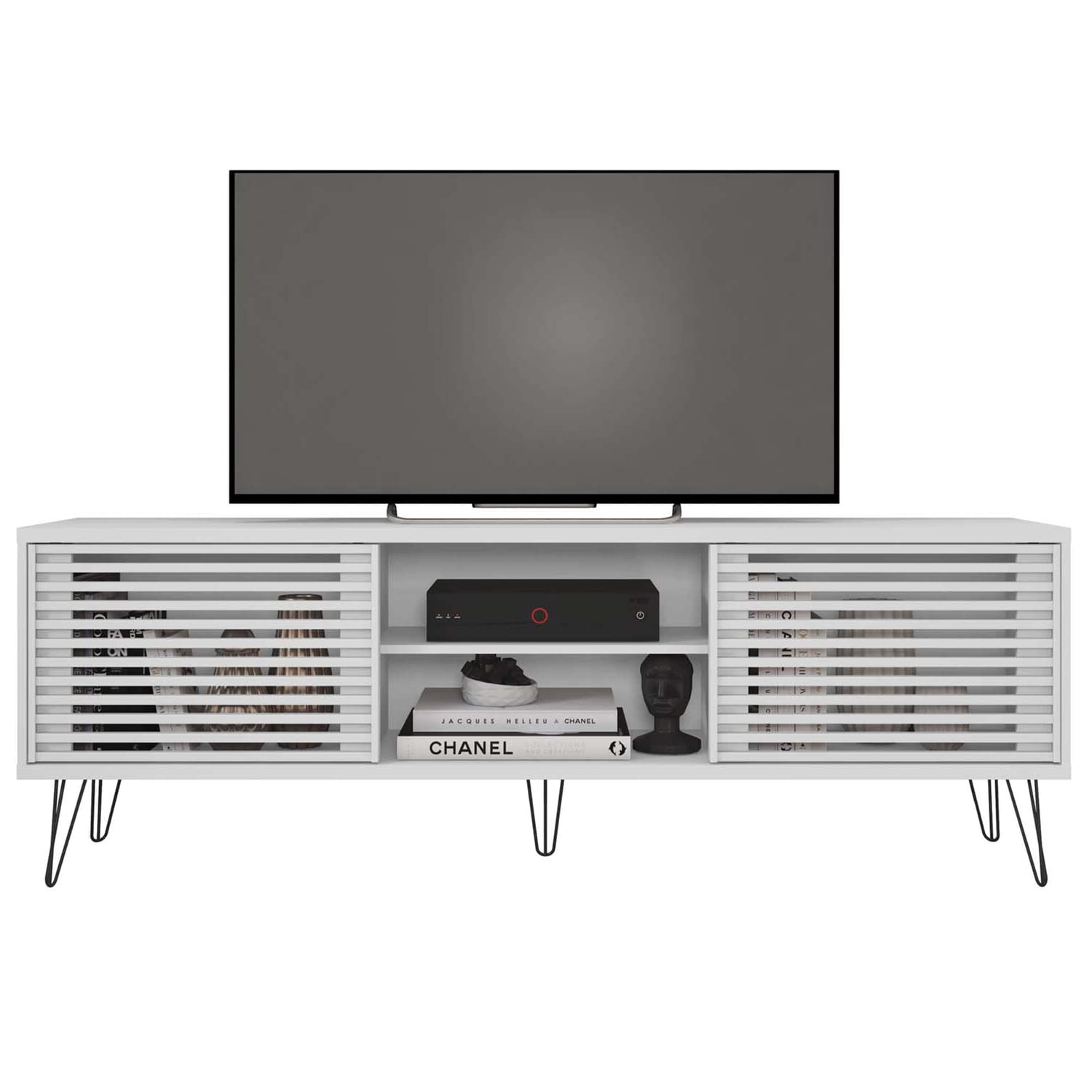 Better Home Products Frizz Mid-Century Modern Tv Stand For Up To 70 Inches Tv In White/Easy Assembly