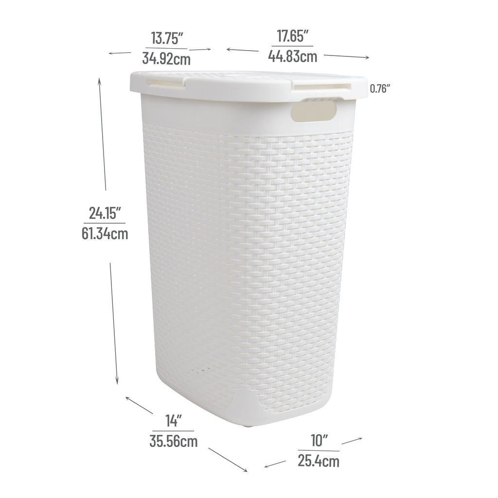 Mind Reader 60L Slim Laundry Hamper, Clothes Basket, Lid, Wicker Style, Plastic, 17.65''L X 13.75''W X 24.15''H, Set Of 2, White