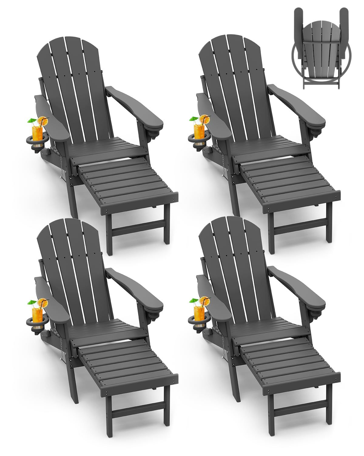 Greenvines Adirondack-Chairs-With-Ottoman | Set Of 4 | Folding | Retractable-Footrest | Hdpe Plastic | All Weather Fire Pit Chair | Cup Holders | Grey | For Outdoor Poolside