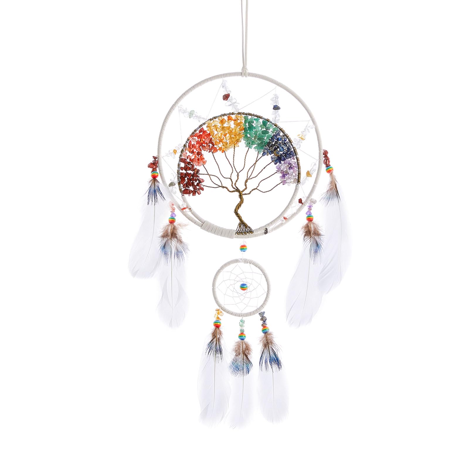 7 Chakras Tree of Life Dream Catcher Wall Decor with Rainbow Healing Crystal Stone Handmade White Feather DreamCatchers Wall Han