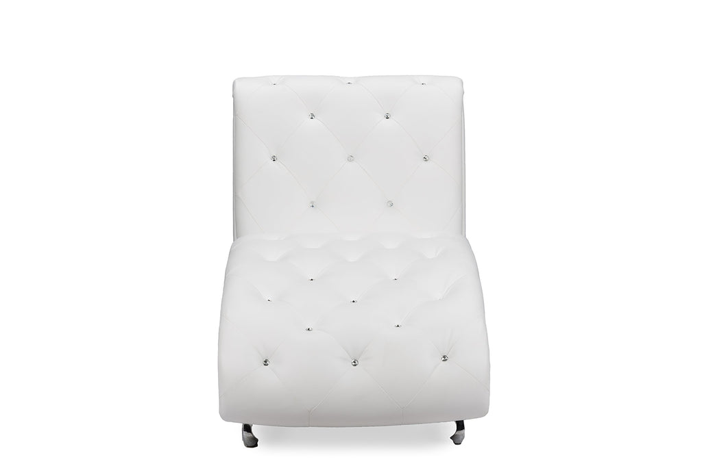 Baxton Studio Pease Contemporary Faux Leather Upholstered Crystal Button Tufted Chaise Lounge, White