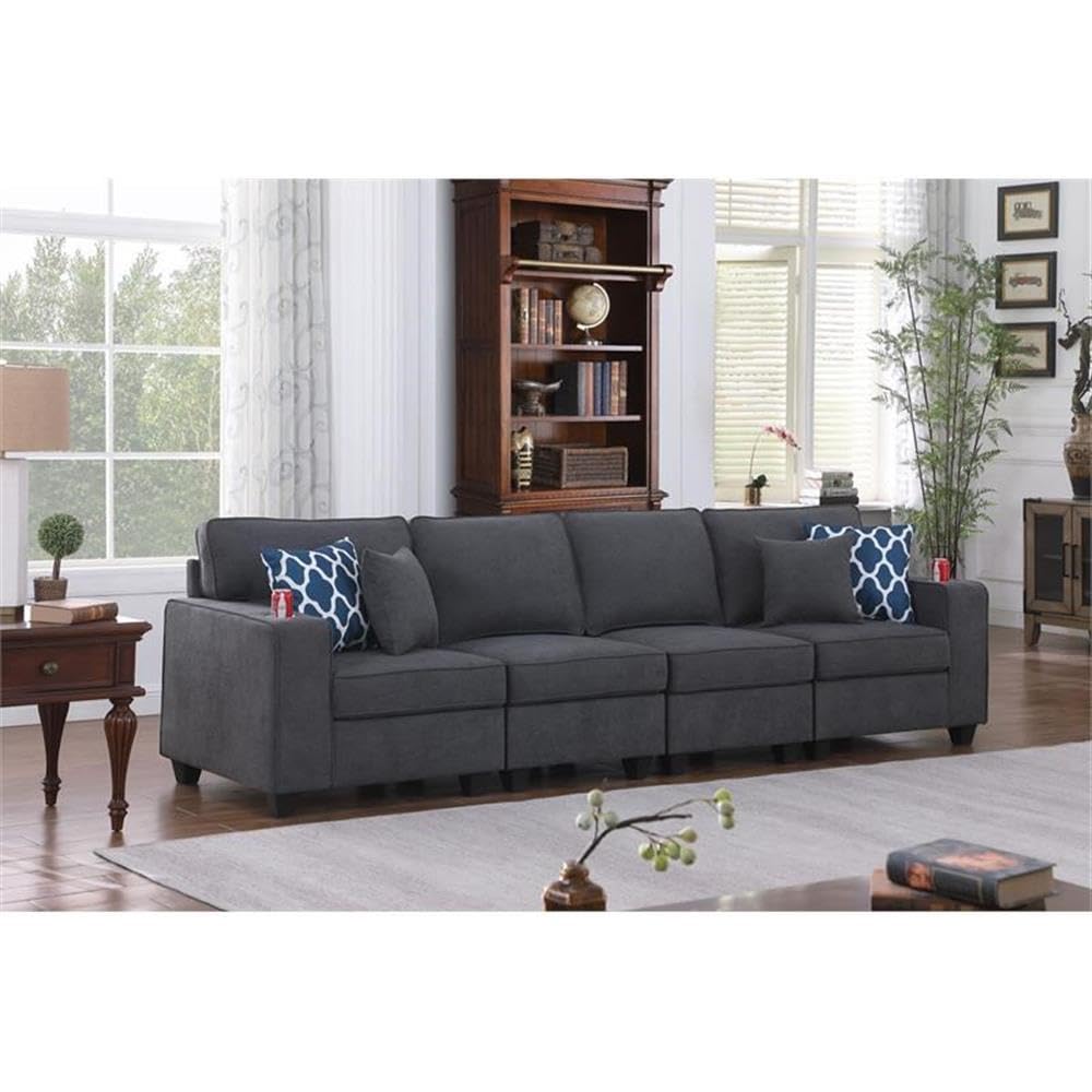 Lilola Home Cooper Stone Gray Woven Fabric 4-Seater Sofa with Cupholder