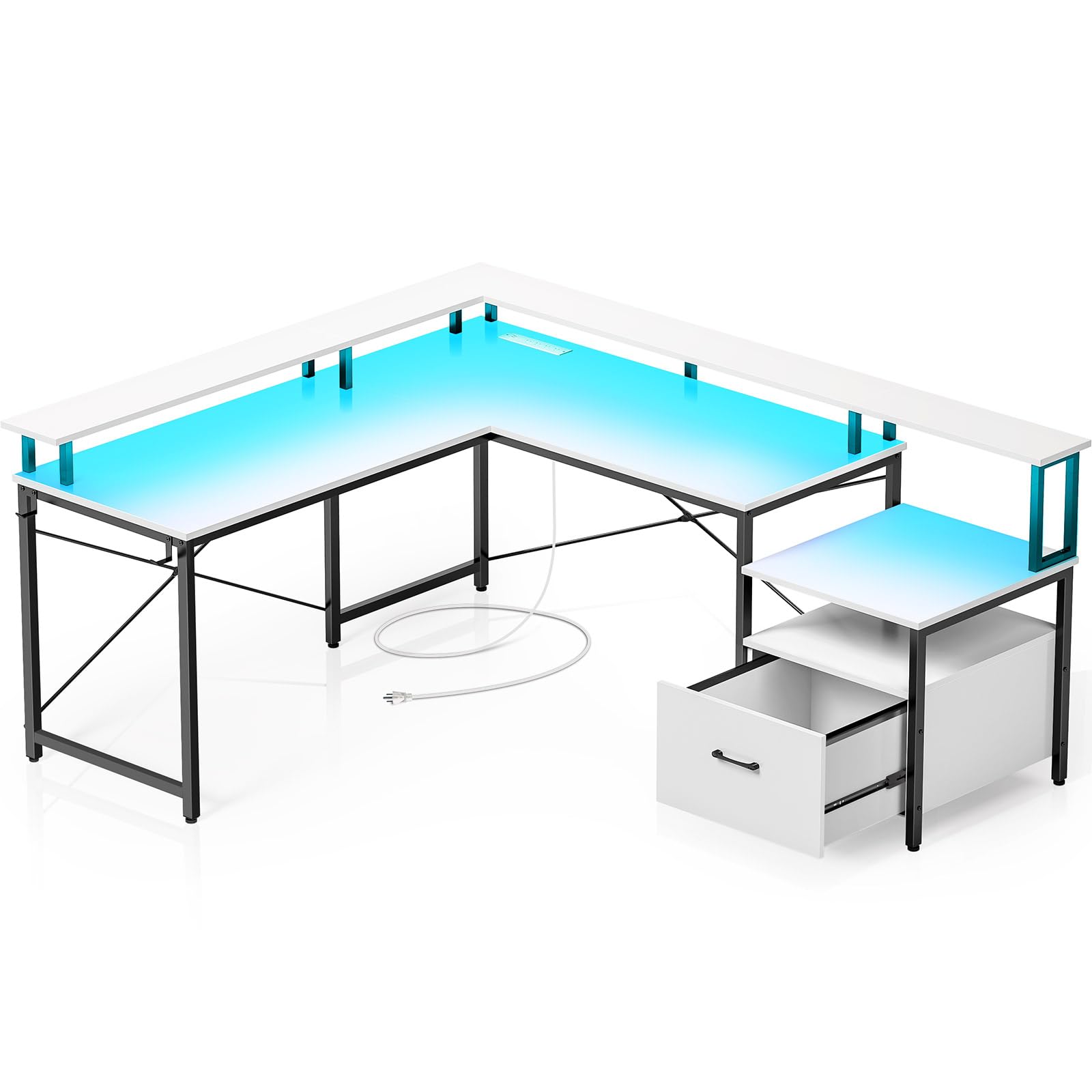 Rolanstar Computer Desk With File Drawer, 64' L Shaped Desk With Power Outlet & Led Strip, L Shaped Computer Corner Desk With File Cabinet, Gaming Desk With Monitor Shelf, Home Office Desk, White