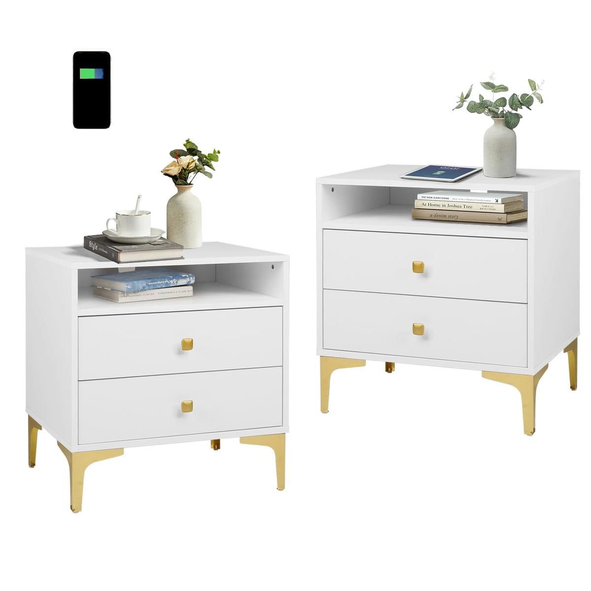 Aileekiss Nightstands Set Of 2 With Wireless Charging Function, Wood Night Stands 2 Sets With Drawers And Open Shelf Storage, Modern Bed Side Tables For Bedroom,Living Room (White 2 Sets)