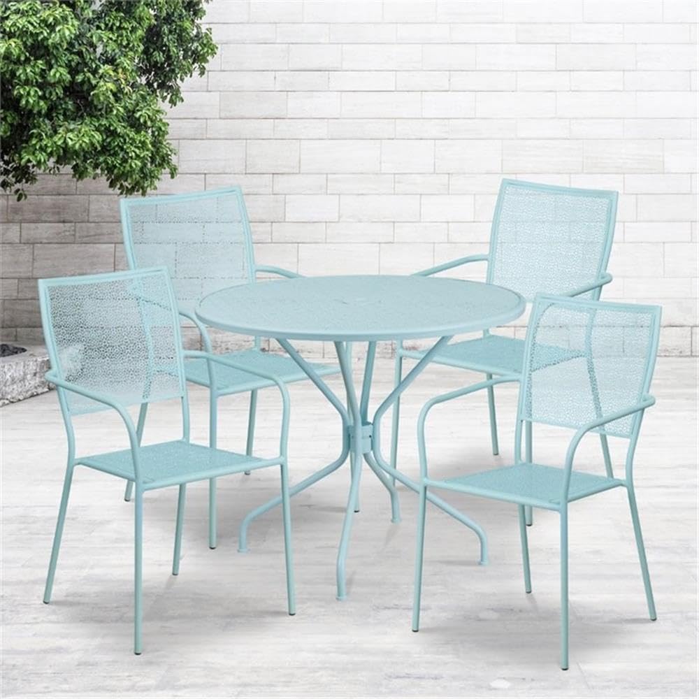 Flash Furniture Oia Commercial Grade 35.25' Round Sky Blue Indoor-Outdoor Steel Patio Table Set With 4 Square Back Chairs