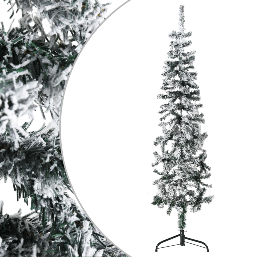 Vidaxl 4Ft Slim Artificial Half Christmas Tree With Flocked Snow - Pvc And Steel Green And White Holiday Decor