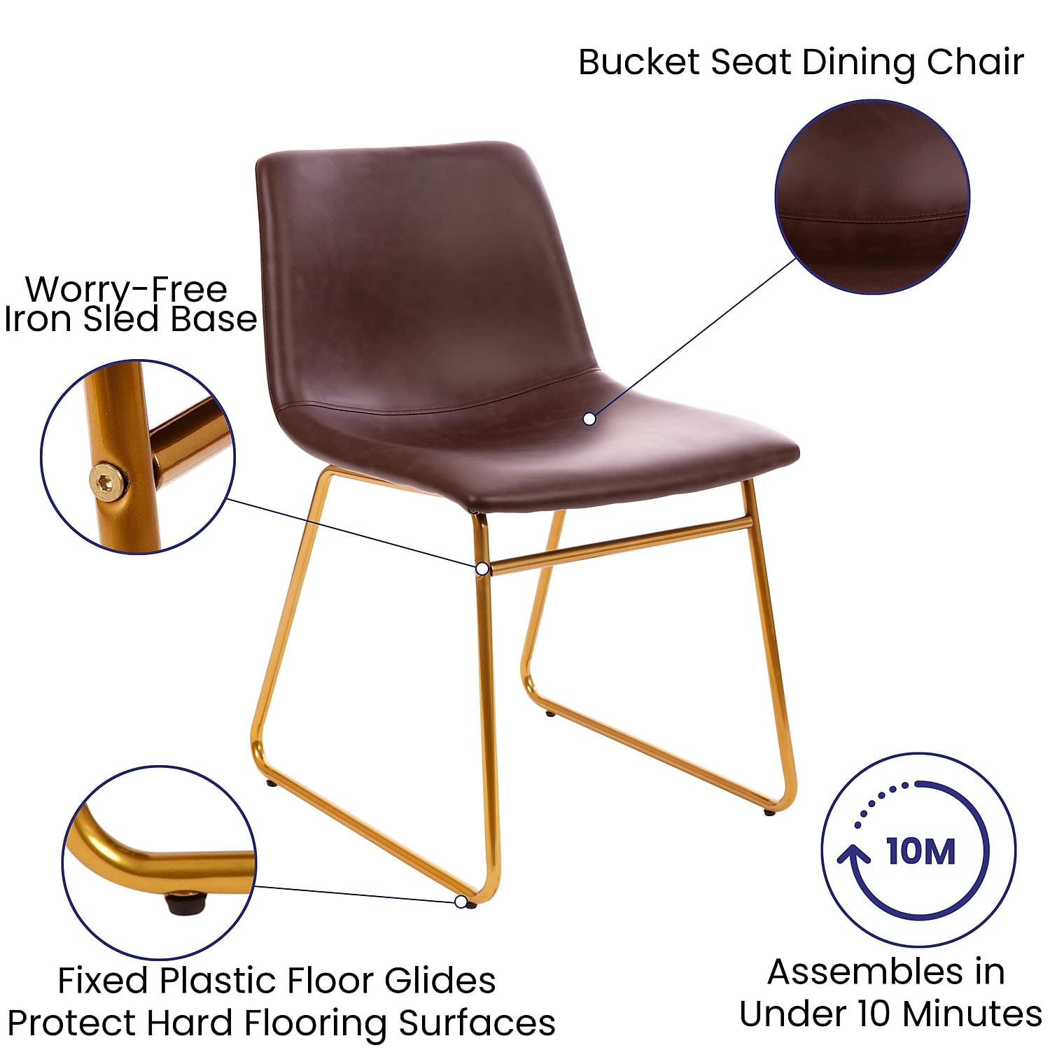 Flash Furniture Butler 18 Inch Commercial Grade LeatherSoft Dining Table Height Chair, Mid-Back Gold Sled Base with Dark Brown LeatherSoft Upholstery, Set of 2