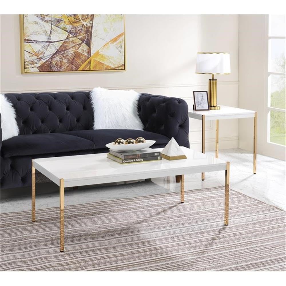 Acme Otrac Wooden Rectangle Top Coffee Table in White and Gold
