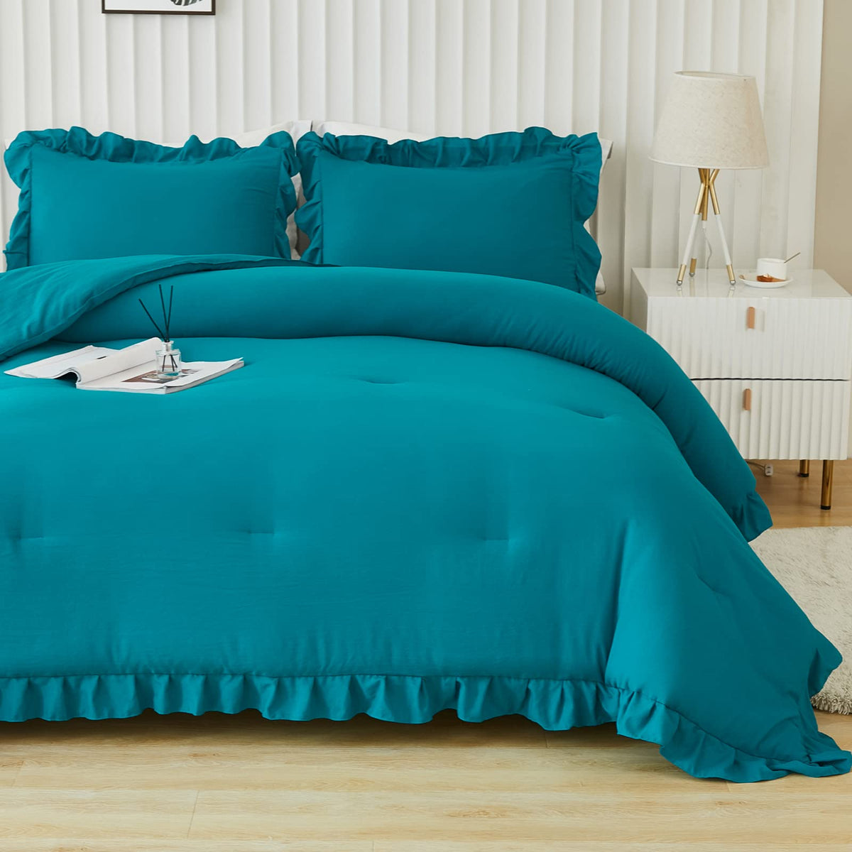 Andency Turquoise King Comforter Set(104X90Inch), 3 Pieces(1 Ruffle Comforter And 2 Pillowcases) Lightweight And Fluffy Bedding Comforter Set, All Season Soft Microfiber Shabby Chic Bedding Set