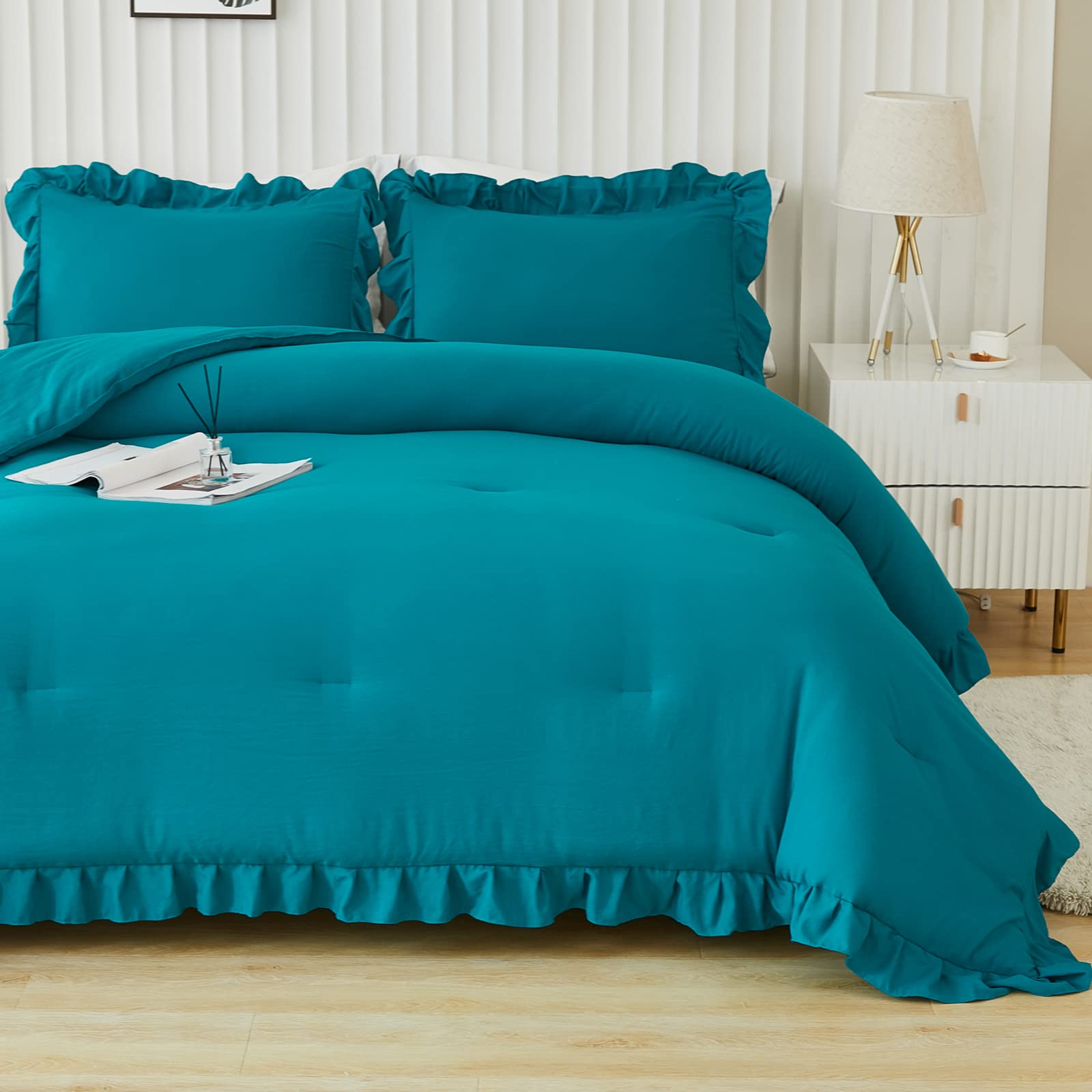 Andency Turquoise Queen Comforter Set(90X90Inch), 3 Pieces(1 Ruffle Comforter And 2 Pillowcases) Solid All Season Comforter Sets
