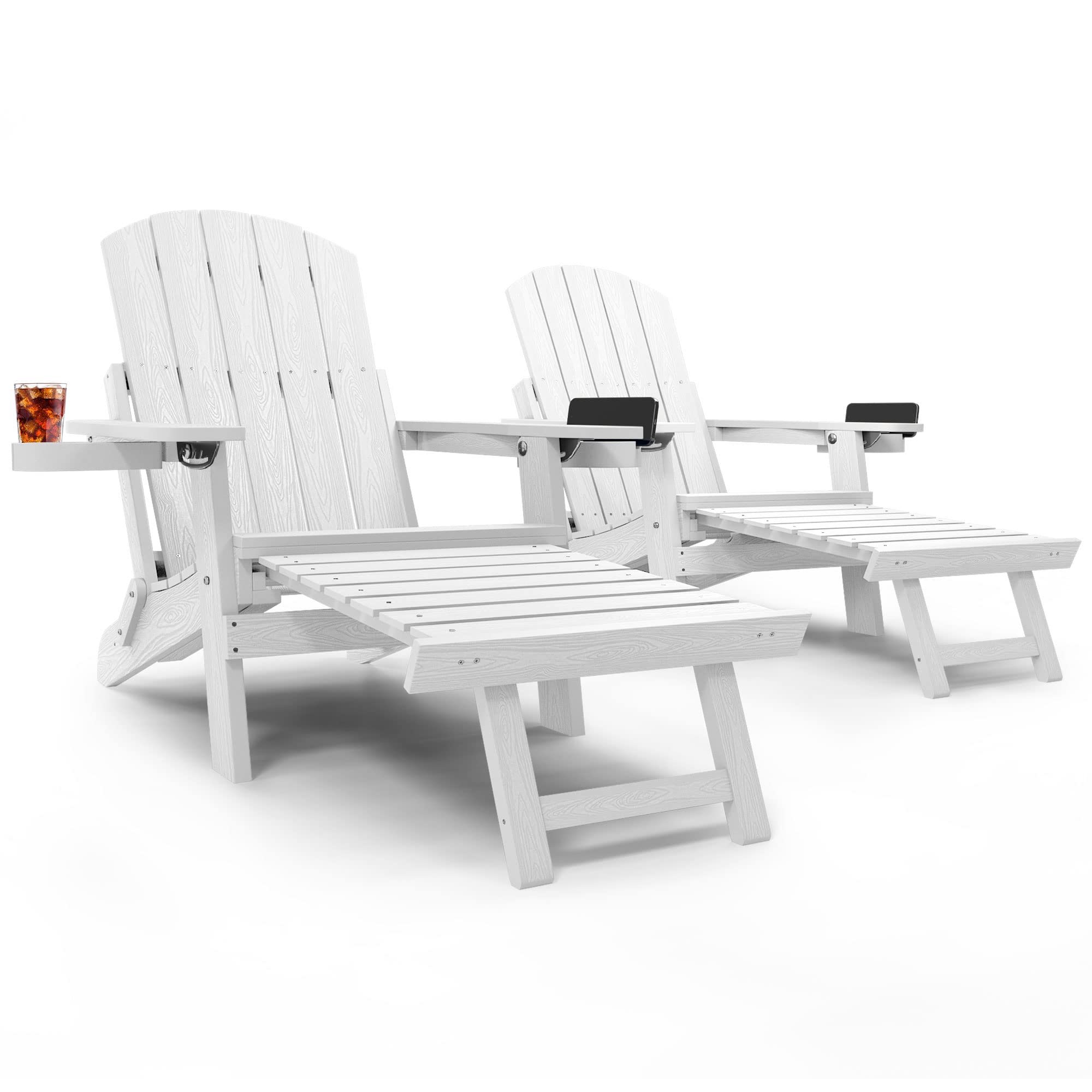 Yefu Folding Adirondack Chair Adjustable Backrest Adirondack Chairs Set Of 2, Adirondack Retractable Ottoman, Weather Resistant With 2 Cup-Holder For Outdoor Fire Pit Patio Lawn, 380Lbs(White)