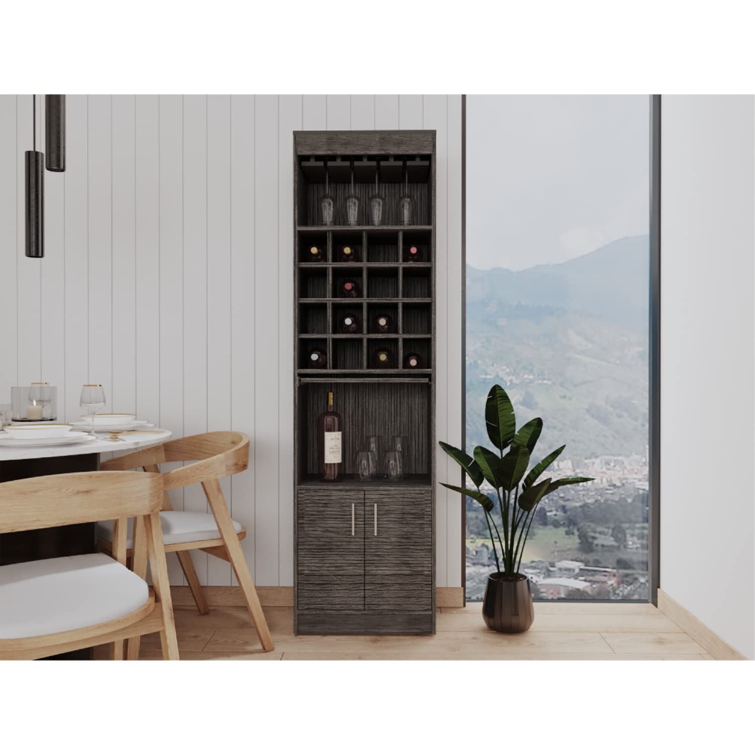 Soria Bar Cabinet with 16 Wine Cubbies, Open Shelf, Concealable Serving Tray, Glass Rack, and Double Door, Smokey Oak