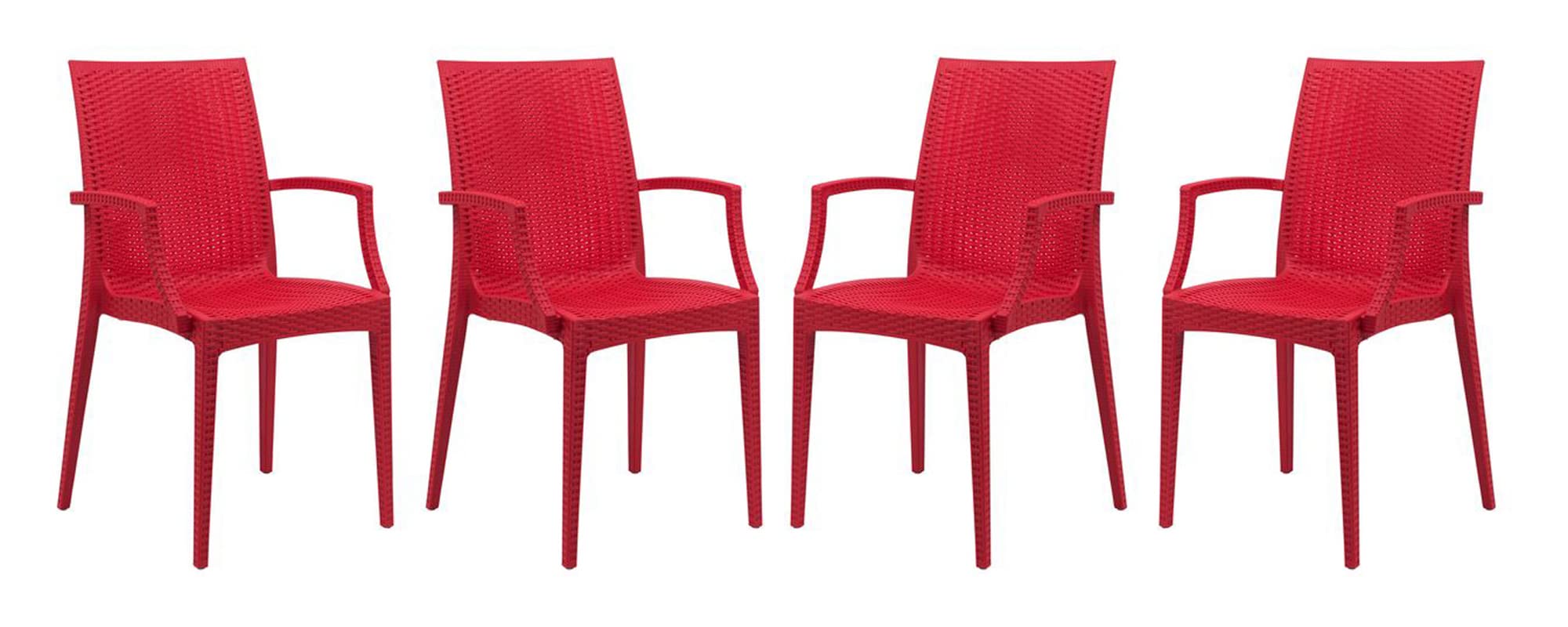 LeisureMod Modern Weave Mace Indoor Outdoor Dining Armchair in Red Set of 4