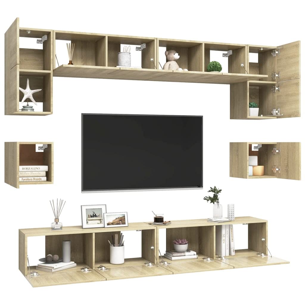 vidaXL TV Cabinet Set 8 Piece Home Indoor Hanging Wall-Mounted Stereo Plasma HiFi Cabinet TV Stand Unit Furniture Sonoma Oak Engineered Wood