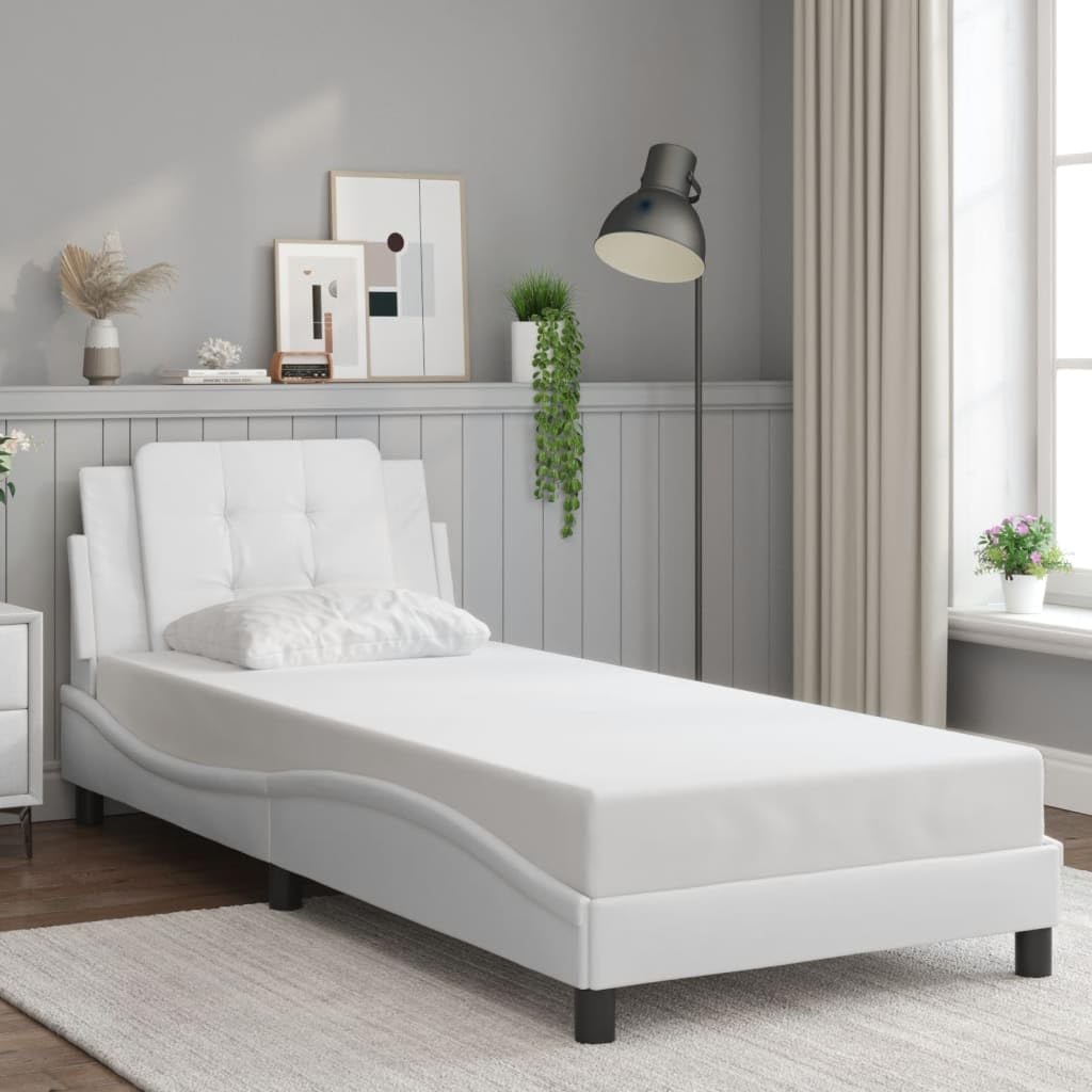 vidaXL Twin Faux Leather Bed Frame with Headboard, Plywood Slats, 39.4&quot;x74.8&quot;, White