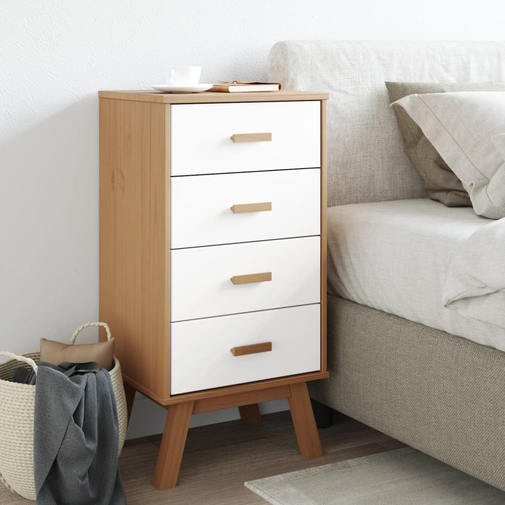vidaXL Olden Bedside Cabinet in White/Brown - Solid Pine Wood Nightstand with 4 Drawers, Scandinavian Charm, Wax Finish, Ample Storage, Wooden Feet, Home Bedroom Furniture