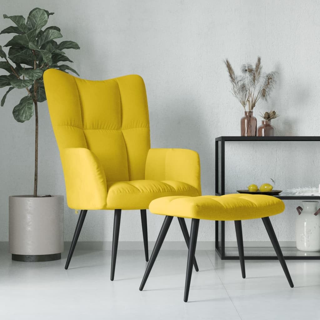 vidaXL Modern Relaxing Chair with Stool – Mustard Yellow Velvet Upholstery, Steel Frame, Thickly Padded for Optimal Comfort, Perfect for Living Room, Office or Lounge Area