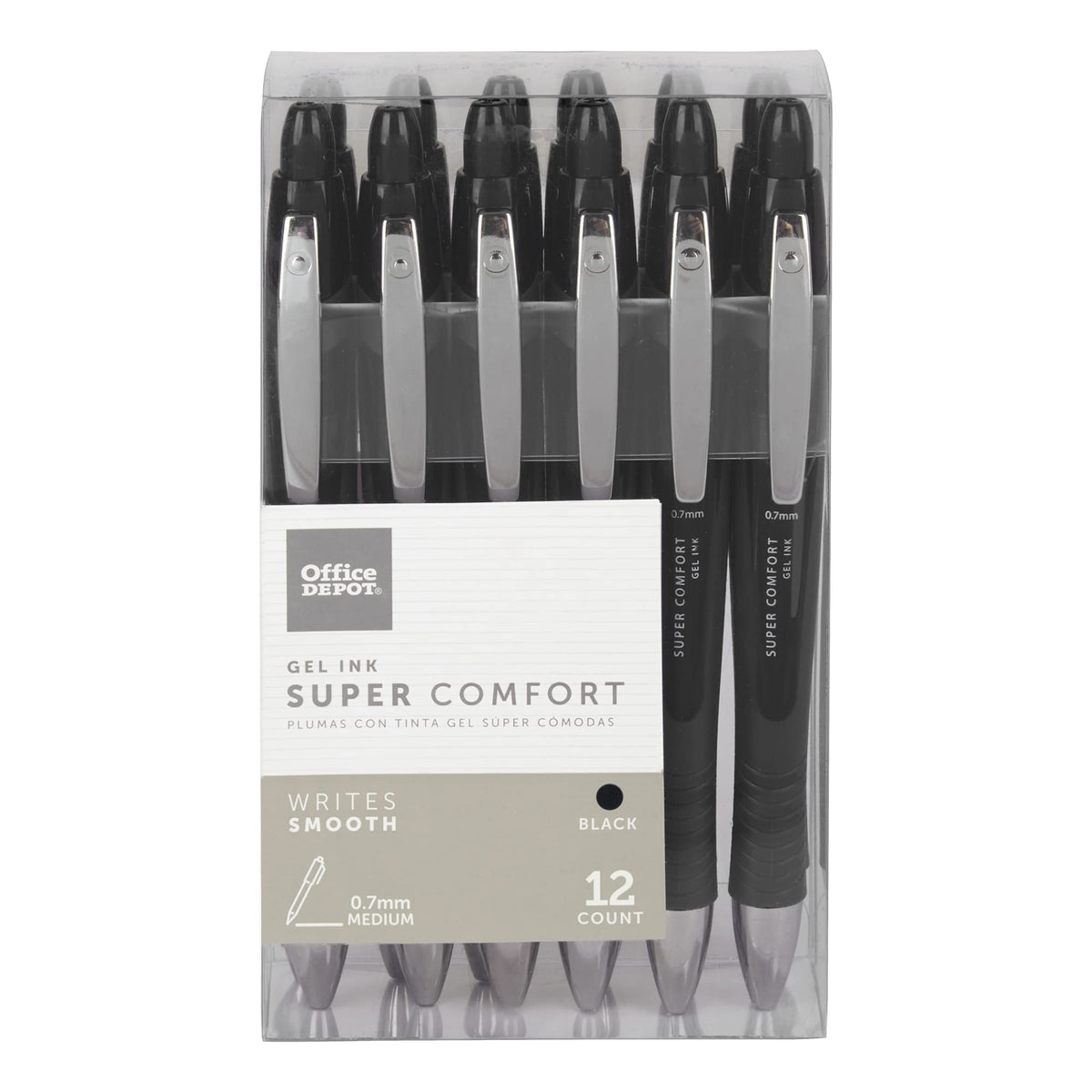 Office Depot Super Comfort Grip Retractable Gel Pens, Medium Point, 0.7 Mm, Black Barrel, Black Ink, Pack Of 12