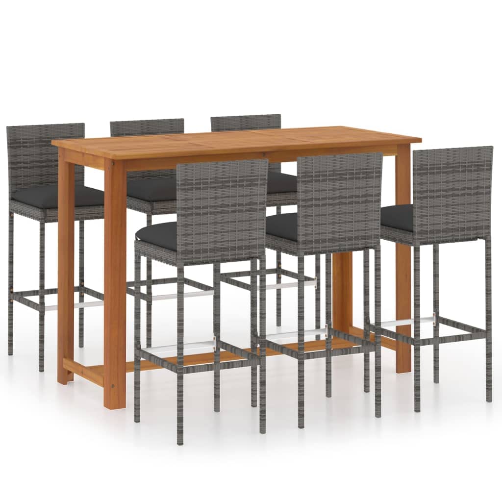 vidaXL Patio Bar Set, 7-Piece Outdoor Furniture with Stools and Table, Solid Acacia Wood with Oil Finish, Gray Poly Rattan Chairs with Cushions, Garden, Terrace, Farmhouse Style