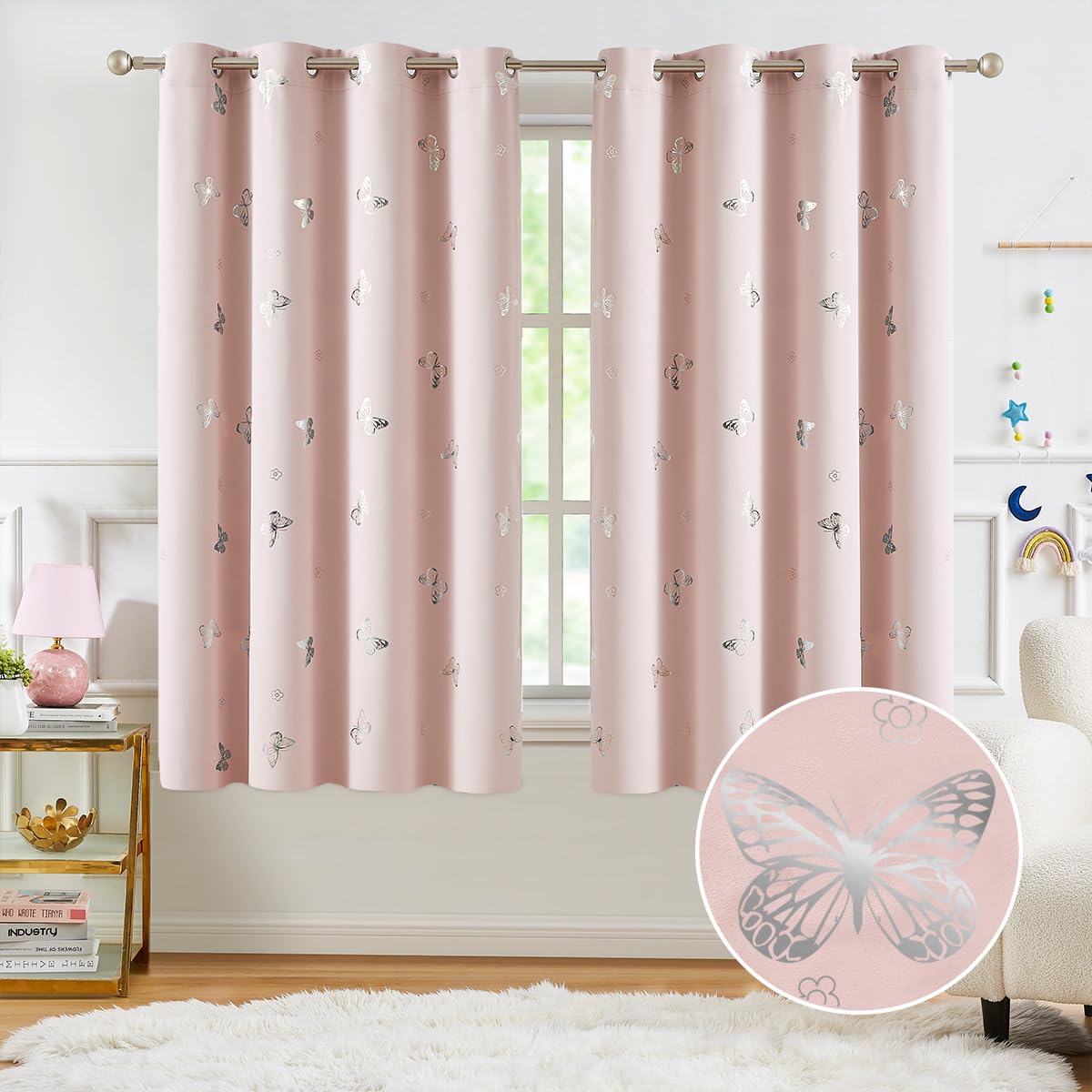 Jubilantex Pink Silver Butterfly Blackout Curtains Metallic 63' Long For Bedroom Nursery Thermal Insulated Window Curtains Grom