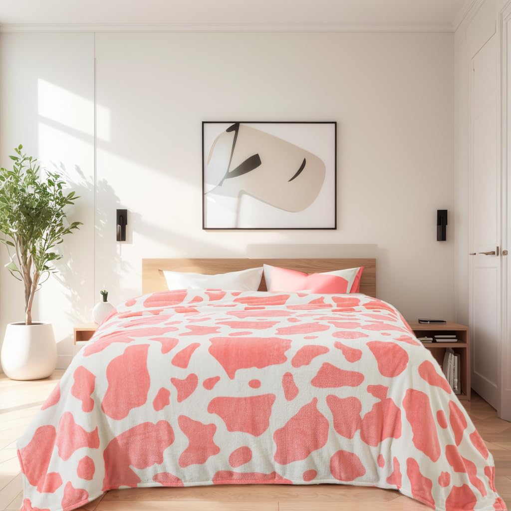 Flannel Pink Cow Print Blanket Twin Size - Premium Lightweight Anti-Static Super Soft Cow Blankets For Twin/Twin Xl Extra Long B