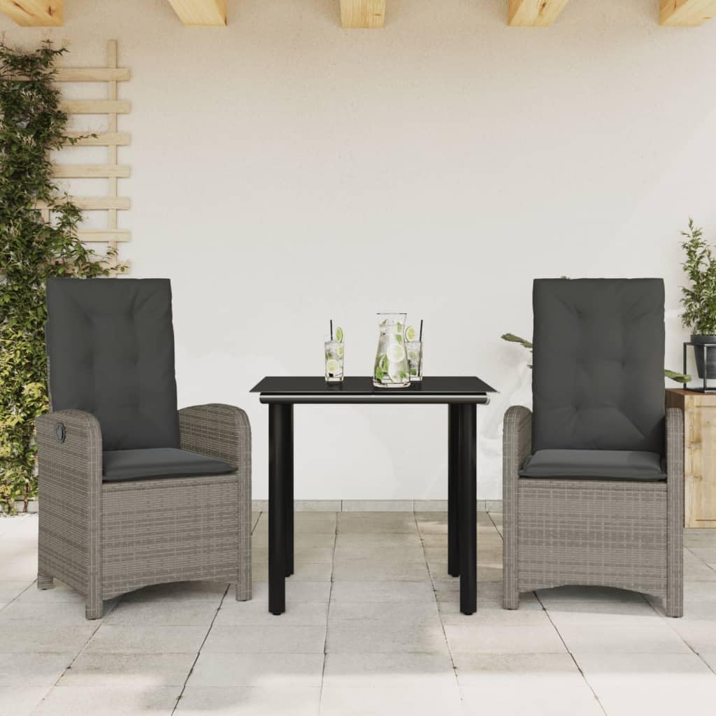 vidaXL Garden Dining Set 3 Pieces with Grey Polyrattan Cushions, 3212360