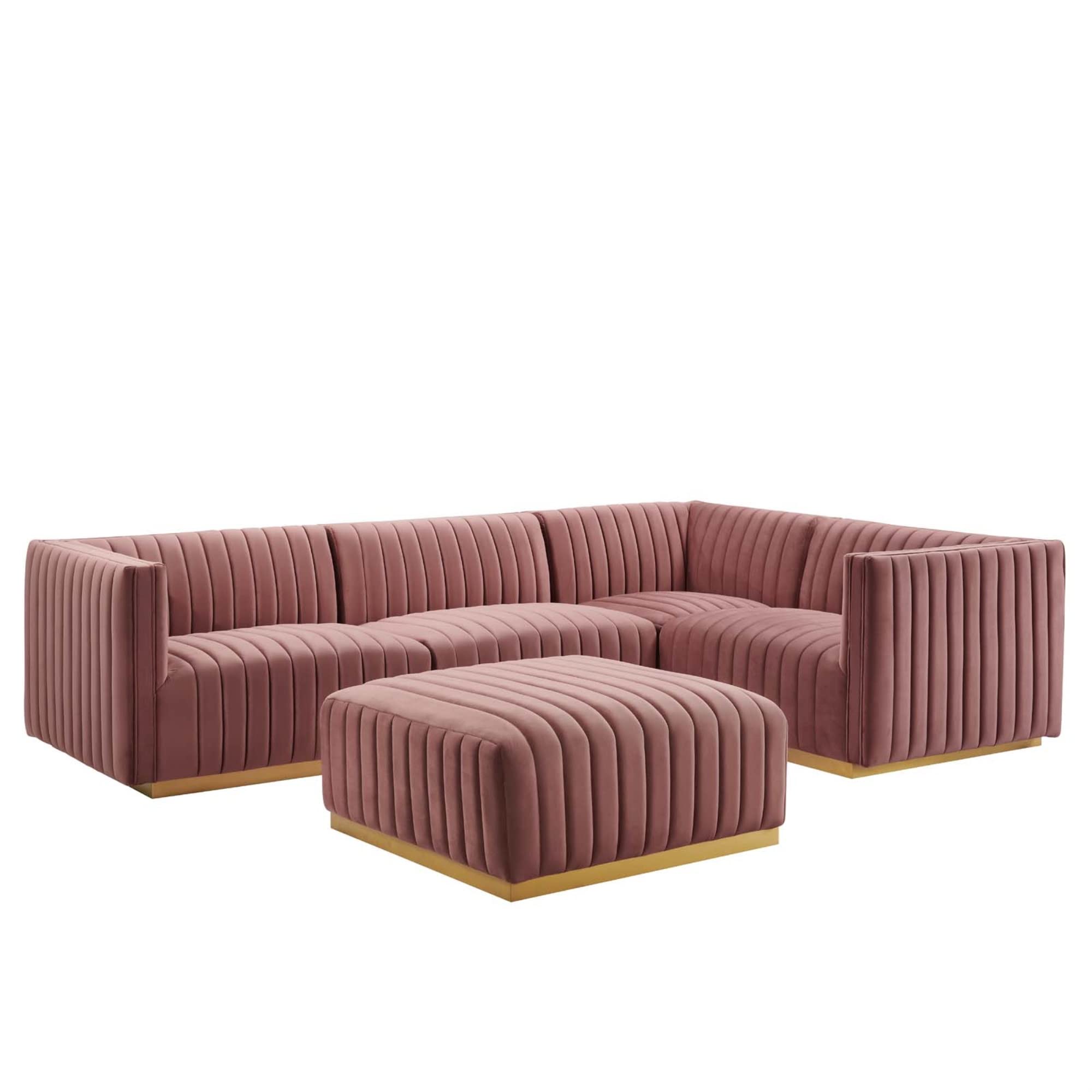 Modway Conjure 5-Piece Velvet Stainless Steel Sectional Sofa In Gold/Dusty Rose