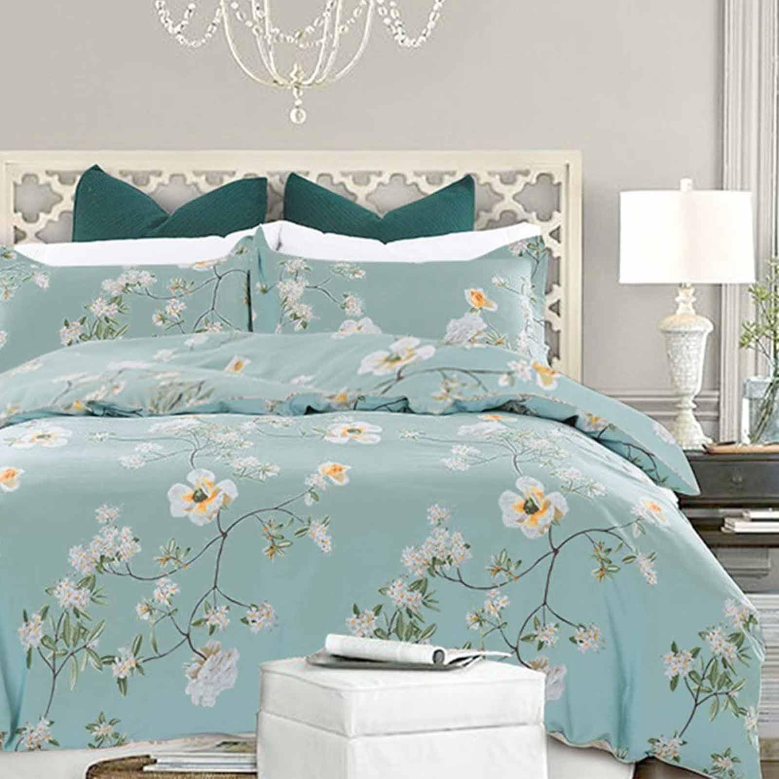Nanko Teal Floral Duvet Cover King Size, 3Pc Turquoise Aqua Farmhouse Flowers Botanical Pattern Printed Microfiber Comforter Cov