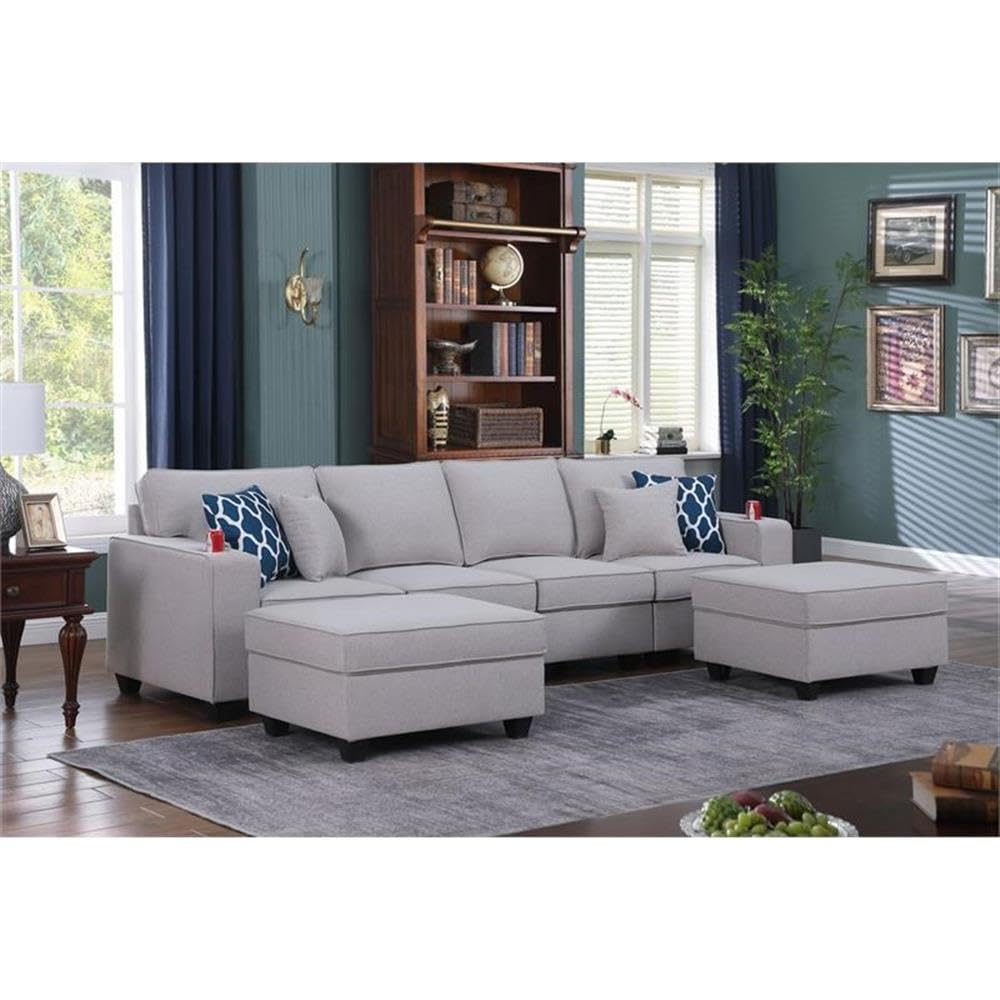 Lilola Home Cooper Light Gray Linen 4-Seater Sofa with 2 Ottomans and Cupholder