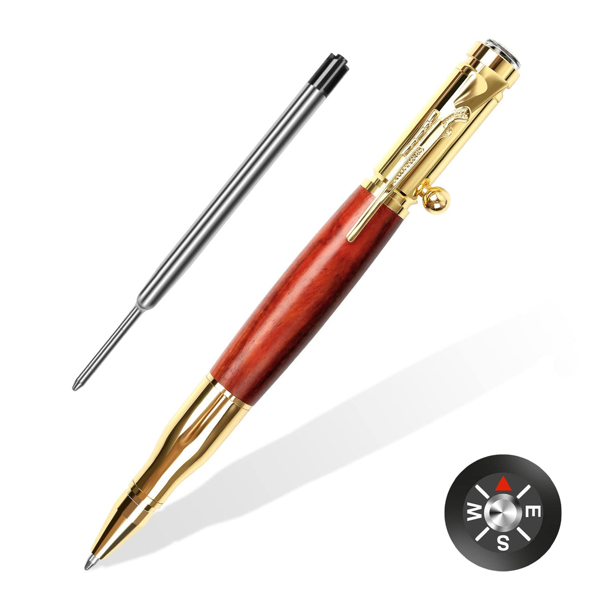 Shalory Bolt Action Pen With Compass & Extra Refill, Christmas Gifts Thanksgiving Day Gift Cool Gadgets For Men Wooden Ballpoint