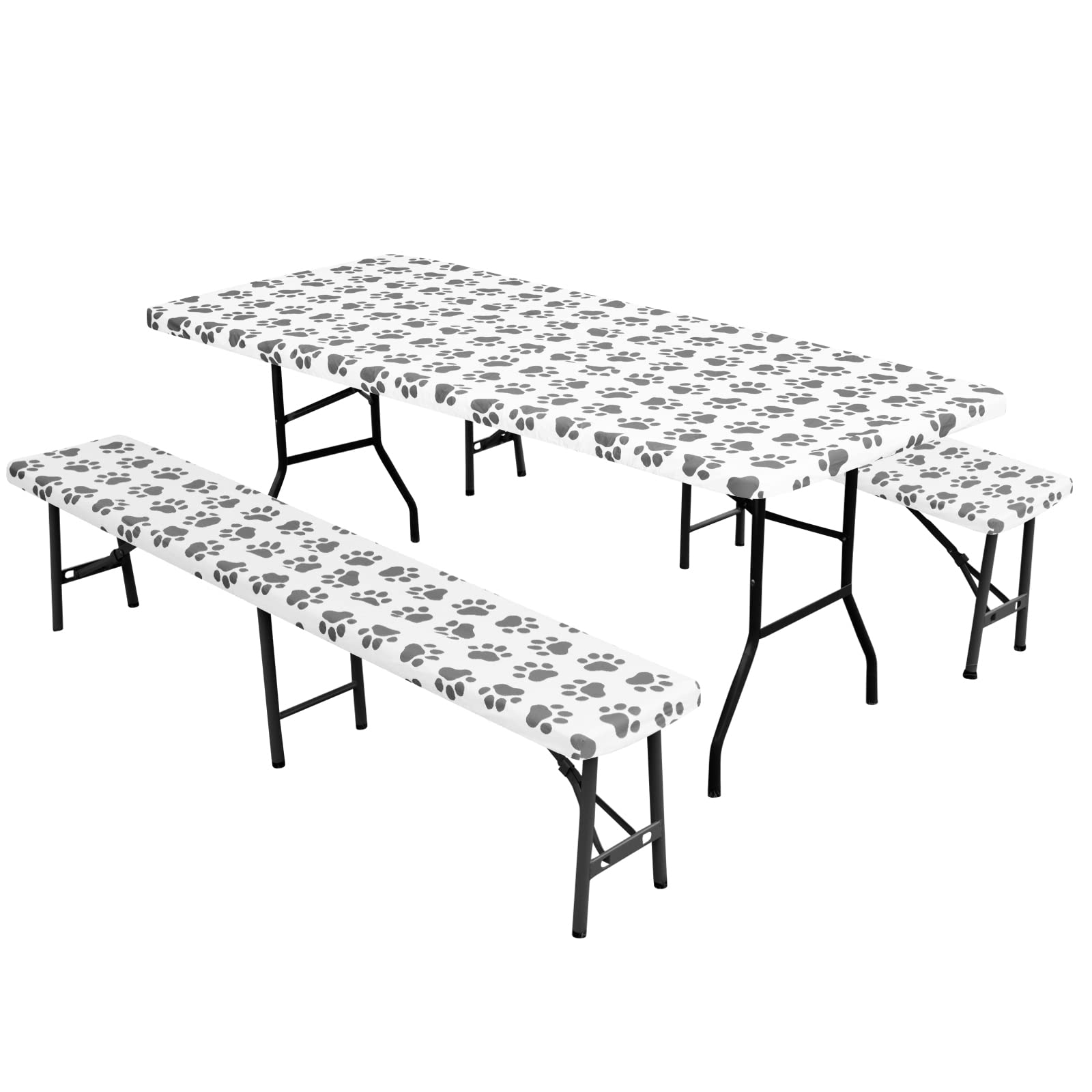 Easy-Going 100% Waterproof Picnic Outdoor Tablecloth With Bench Covers Fit 8 Foot Rectangle Table, 3-Piece Set Camping Table Cover With Seat Covers (30X96 In, Gray-Paw)