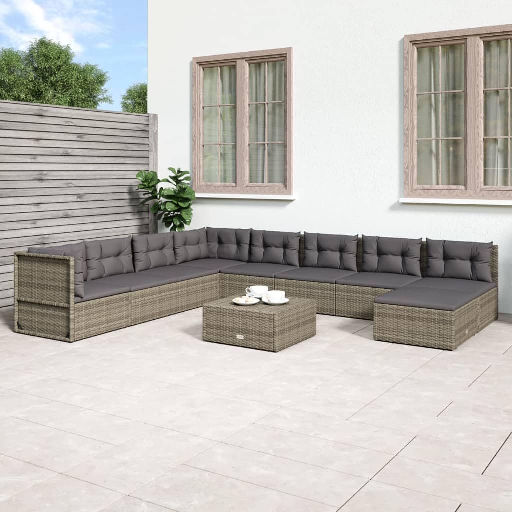 vidaXL Patio Lounge Set Gray - 9 Piece Poly Rattan Furniture with Adjustable Corner Sofa, Thick Cushions, Weather-Resistant Material, and Durable Steel Powder Coated Frame
