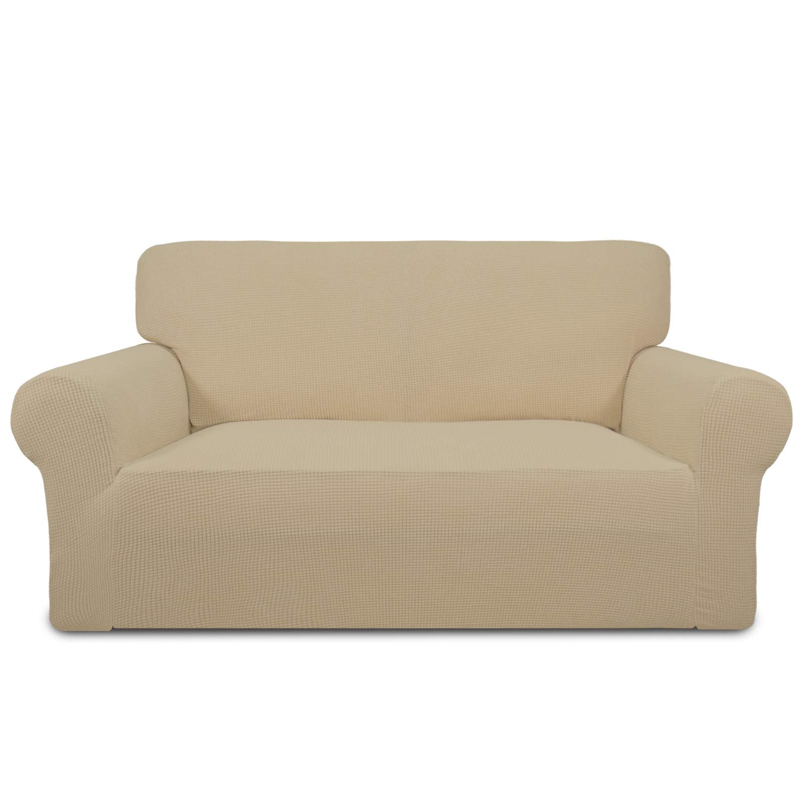 Purefit Stretch Loveseat Sofa Slipcover – Spandex Jacquard Non Slip Soft Couch Sofa Cover, Washable Furniture Protector With Non Skid Foam And Elastic Bottom For Kids (Loveseat, Sand)