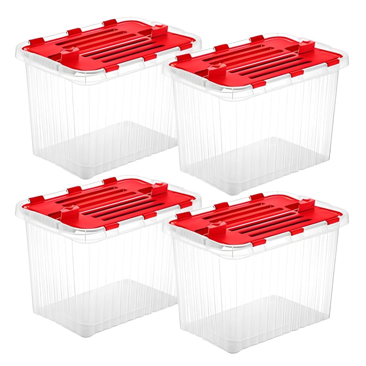 Superio Red Storage Box with Red Hinged Lids, 4 Pack Plastic Container Bins for Organizing with Attached Lid, Stackable Crates, 
