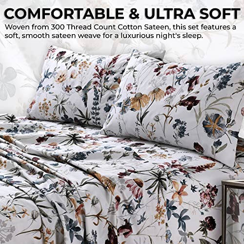 Tribeca Living Twin Xl Bed Sheet Set, 300 Thread Count Soft Cotton Sateen, Floral Print With Extra Deep Pockets, 3-Piece Bedding