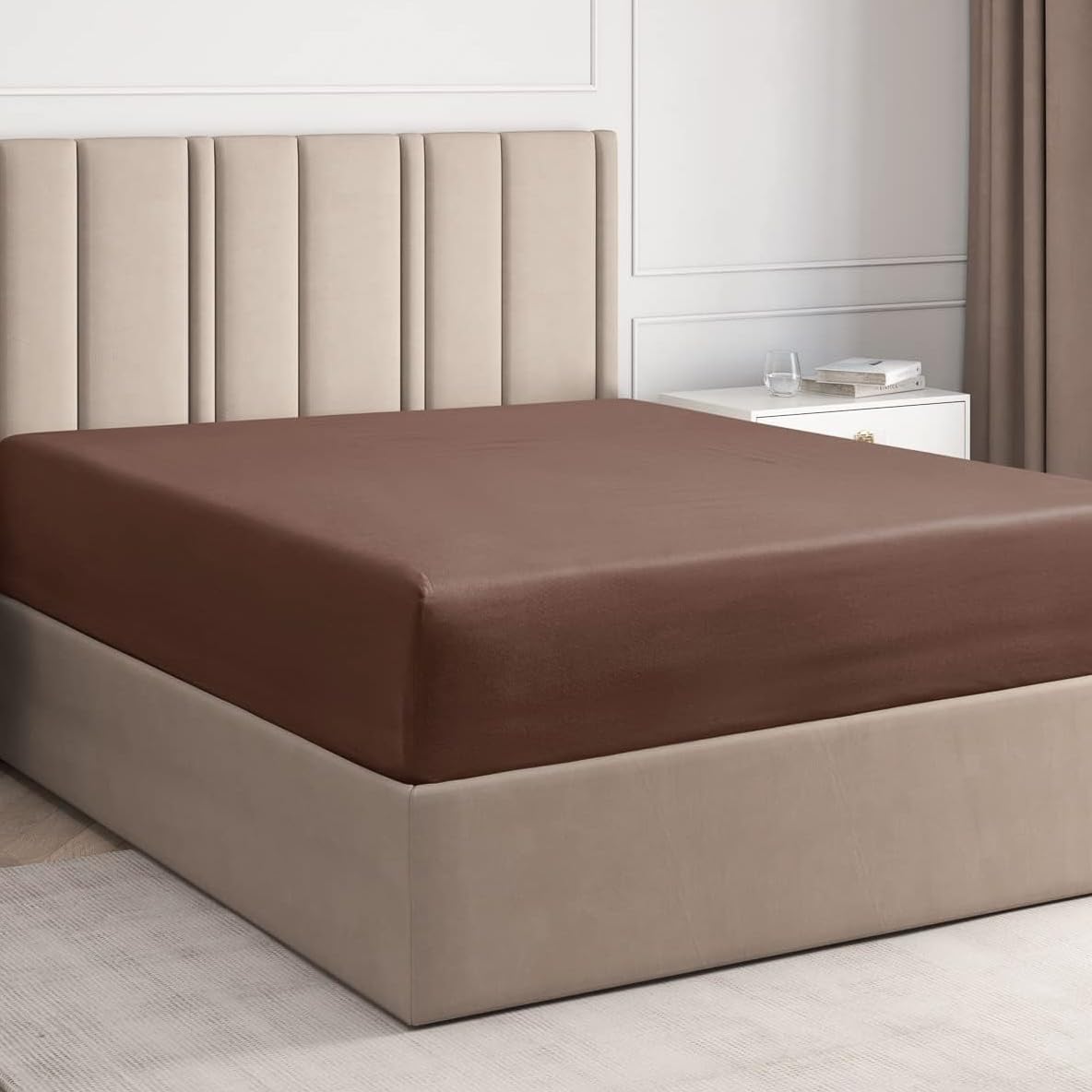 King Fitted Bed Sheet - Hotel Luxury & Cooling Single Fitted Sheet Only - Easily Fits Mattress Up To 16 Inches Perfectly - Soft, Wrinkle Free, Breathable & Comfy Brown Single Fitted Bed Sheet