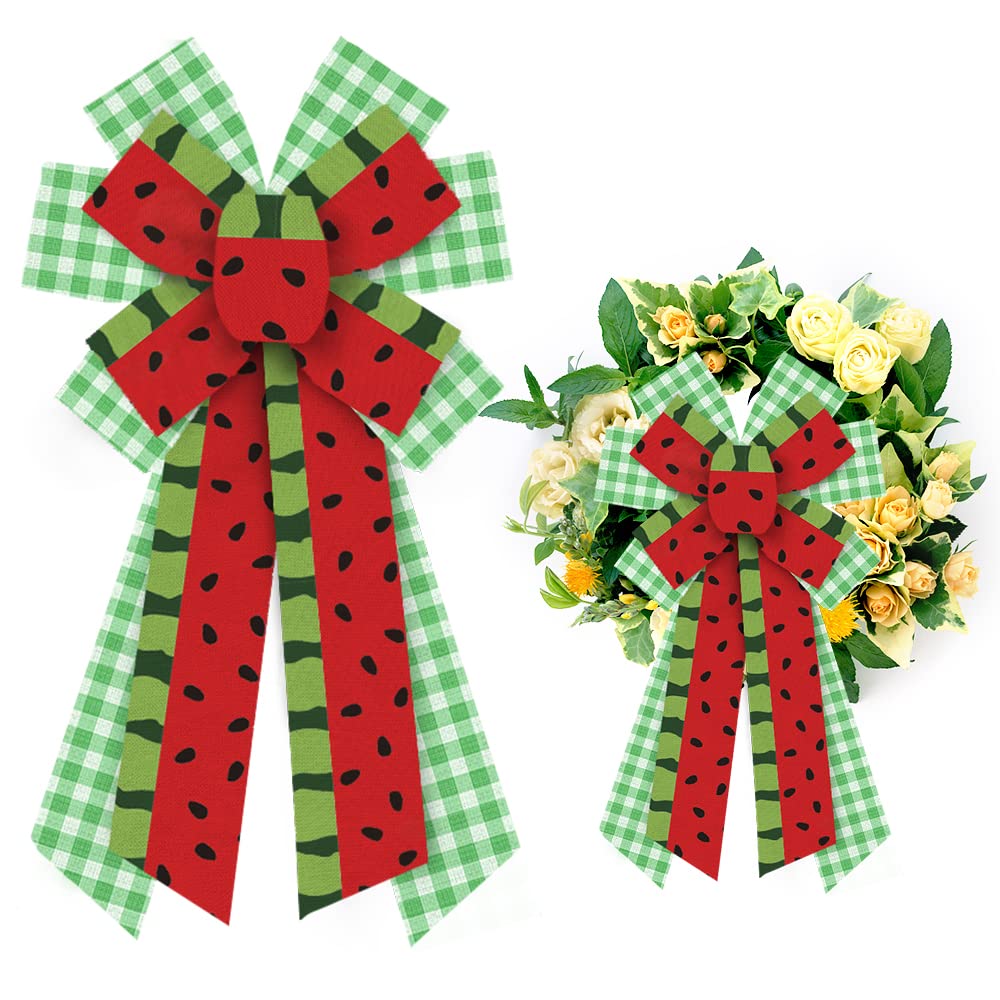 Large Summer Wreath Bows Summer Watermelon Green White Plaid Burlap Bows for Wreath, Summer Fruits Melon Ribbon Bows Tree Topper