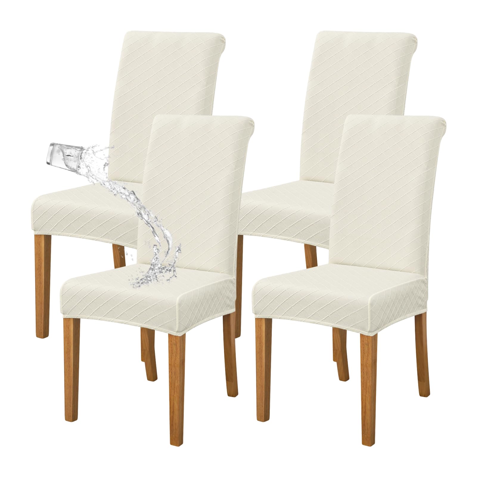 FORCHEER Waterproof Chair Covers for Dining Room Set of 4 Cream Jacquard Kitchen Chair Slipcovers for Parson Chairs Elastic Wash