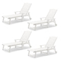 Lue Bona Outdoor Chaise Lounge Chairs Set Of 4, Hdps Material, 3-Year Warranty, Patio Lounge Chair With Adjustable Backrest, Resin Pool Lounge Chairs With Wheels For Outside, Poolside, Beach, White