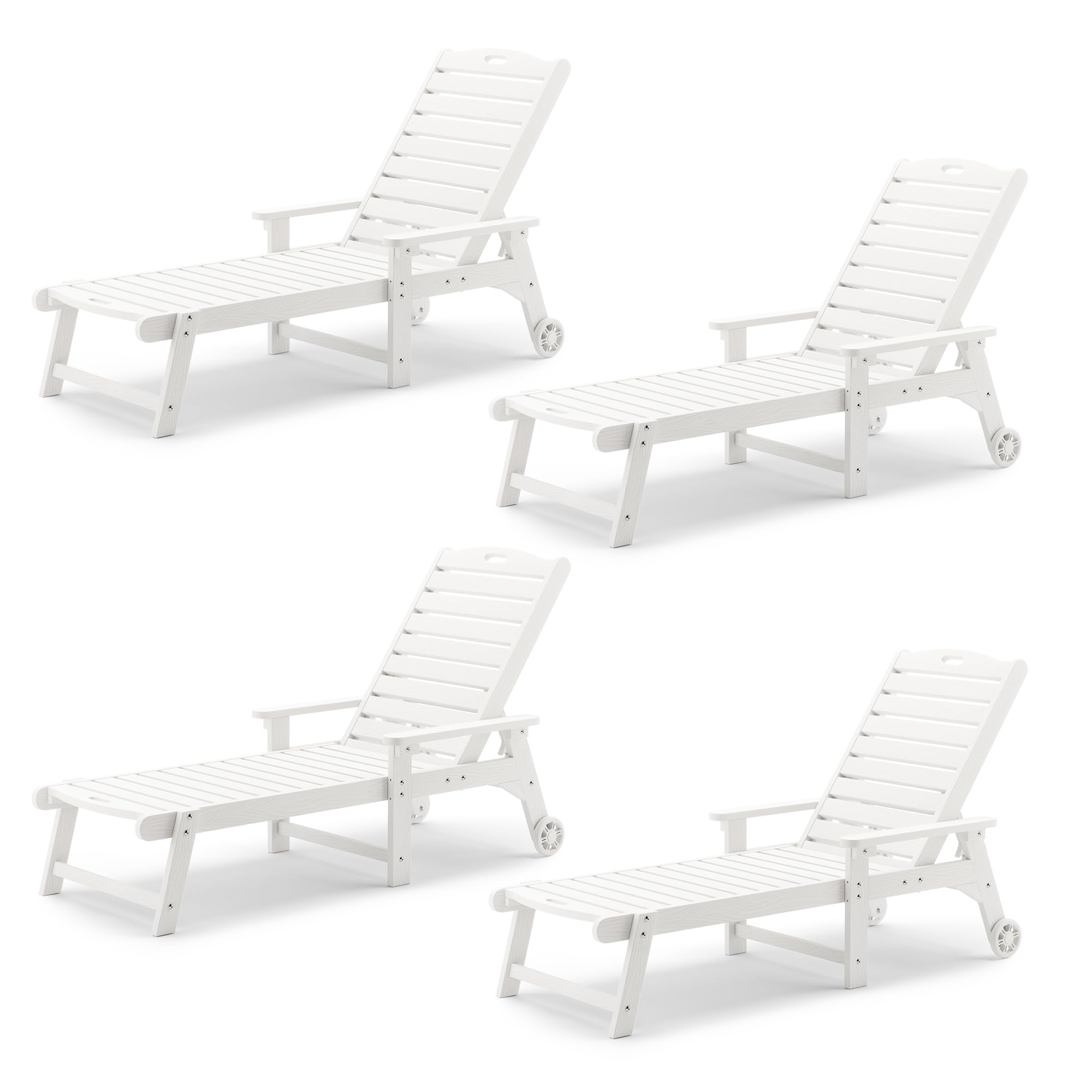Lue Bona Outdoor Chaise Lounge Chairs Set Of 4, Hdps Material, 3-Year Warranty, Patio Lounge Chair With Adjustable Backrest, Resin Pool Lounge Chairs With Wheels For Outside, Poolside, Beach, White
