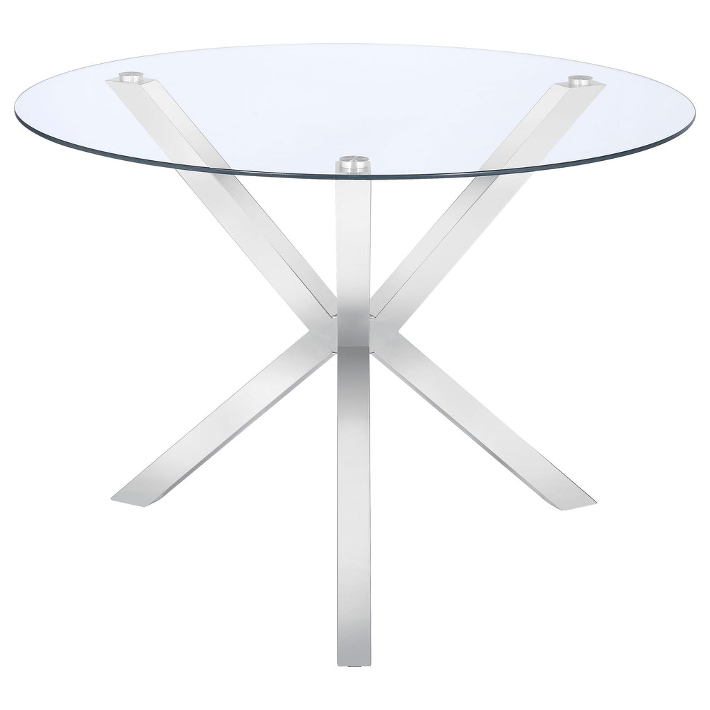 Coaster Home Furnishings Vance 41-inch Round Clear Tempered Glass Top Asterisk Dining Room Table Electroplated Chrome Steel Base 120760